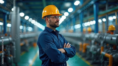 A man wearing a yellow hard hat and glasses stands confidently with crossed arms in an industrial environment, overseeing equipment in a well-lit factory