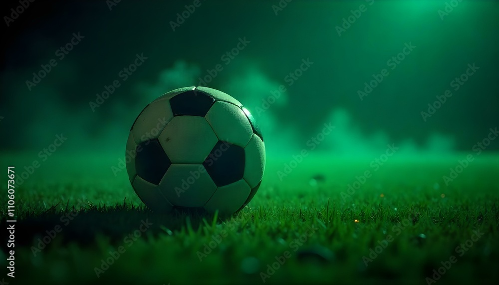 Naklejka premium A soccer ball illuminated by ethereal green lighting with sparkling effects