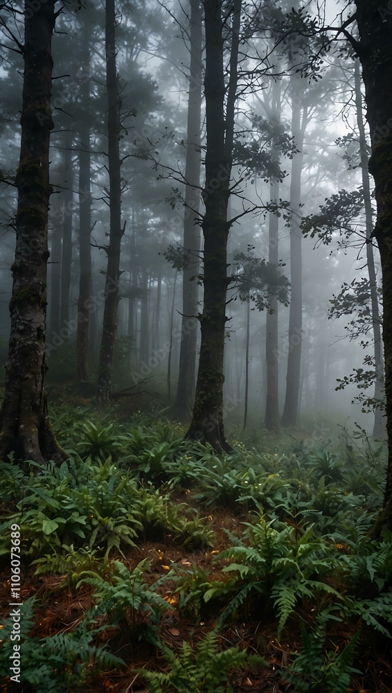 Foggy forest scene. Foggy forest scene.