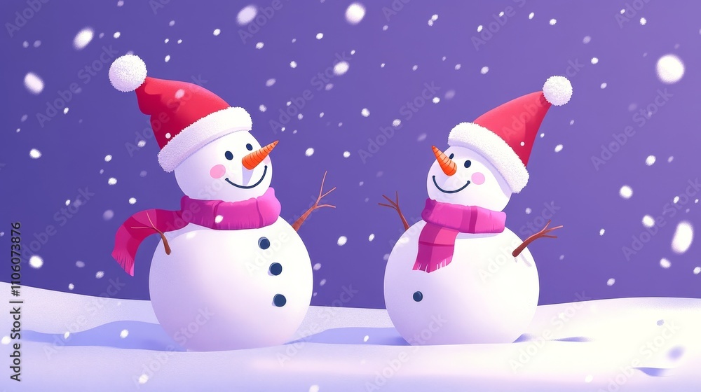Two cheerful snowmen wearing red hats and scarves celebrating winter joyfully. Two cheerful snowmen wearing red hats and scarves celebrating winter joyfully.