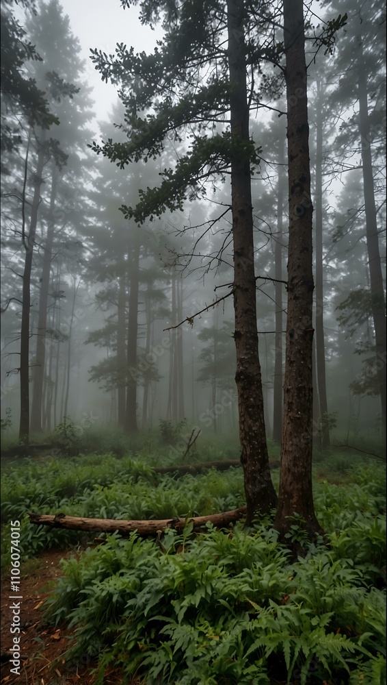 Fototapeta premium Foggy morning forest scene.