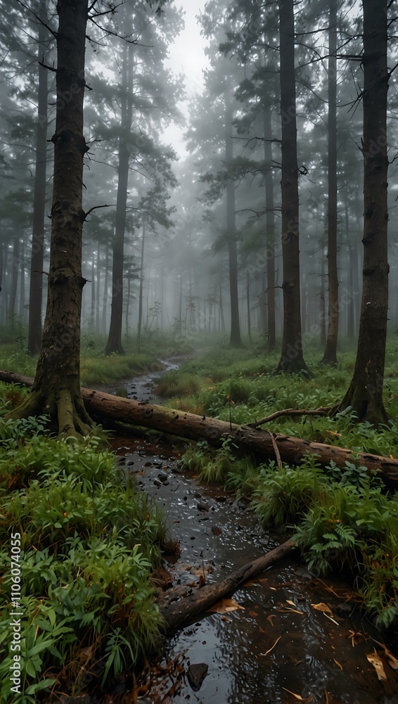 Fototapeta premium Foggy morning forest scene.1