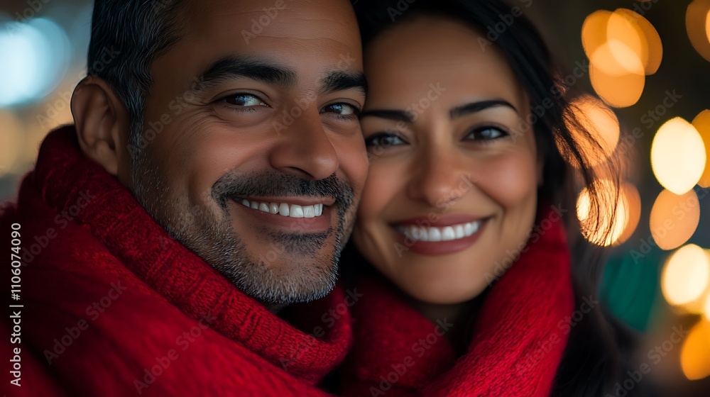 A joyful couple smiling together, wrapped in red scarves, with a festive background. A joyful couple smiling together, wrapped in red scarves, with a festive background.