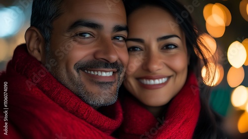 A joyful couple smiling together, wrapped in red scarves, with a festive background.