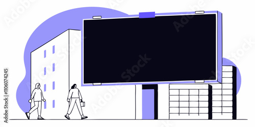 A large blank billboard dominates an urban scene with two people walking nearby. The background features a purple-tinted cityscape, suggesting a modern metropolitan environment. AI generated.
