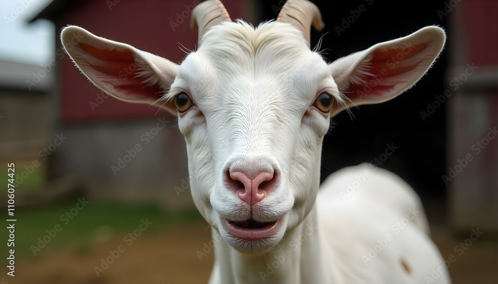 A white goat with faint gray spots with long eyelashes and a cheeky grin A white goat with faint gray spots with long eyelashes and a cheeky grin