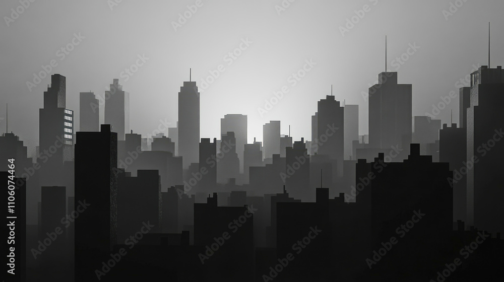 Naklejka premium Monochrome Neo Brutalist skyline at twilight showcasing interaction of light and concrete