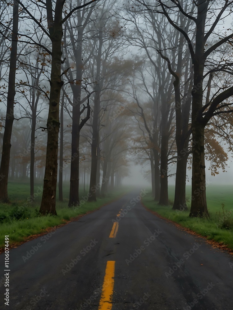 Fototapeta premium Foggy road lined with trees.