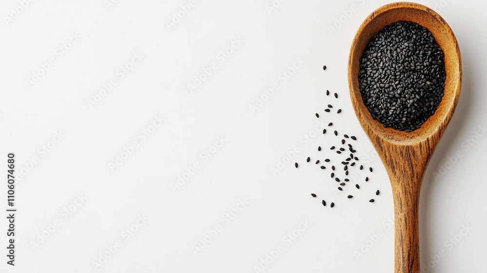 Here's a caption and keywords for your image
Black chia seeds in wooden spoon on white background. Here's a caption and keywords for your image
Black chia seeds in wooden spoon on white background.
