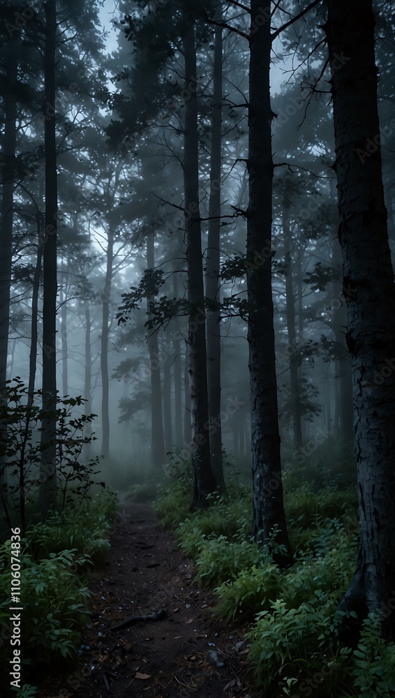 Foggy twilight forest, moonlit and serene. Foggy twilight forest, moonlit and serene.