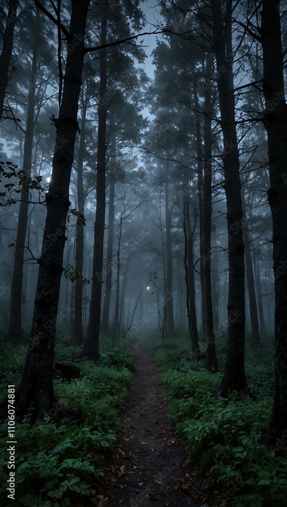 Fototapeta premium Foggy twilight forest, moonlit and serene.