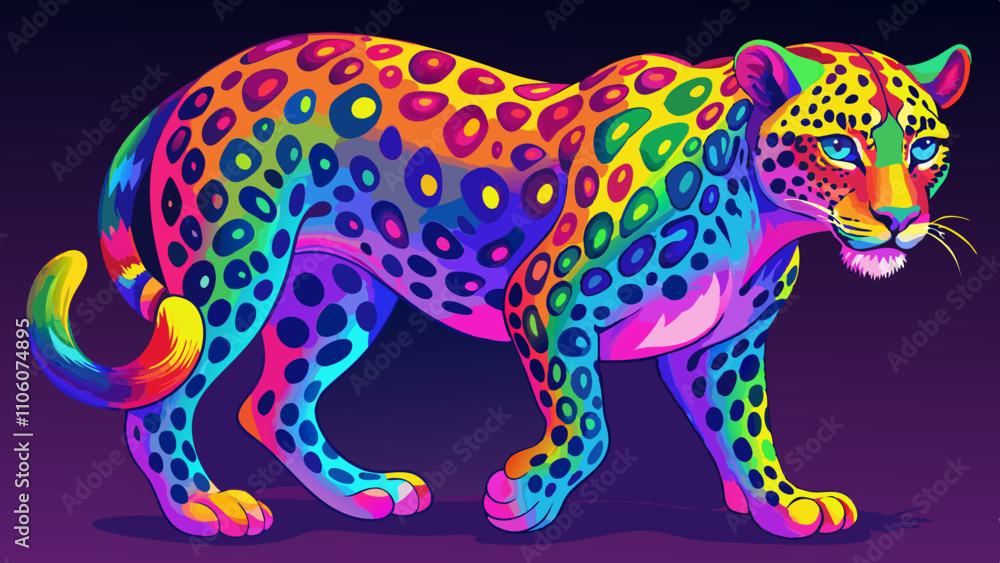 Fototapeta premium Vibrant rainbow leopard in a neon gradient landscape showcasing colorful patterns and an artistic style