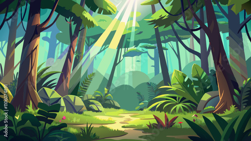 Rays of light filter through lush jungle canopy creating a serene landscape at midday