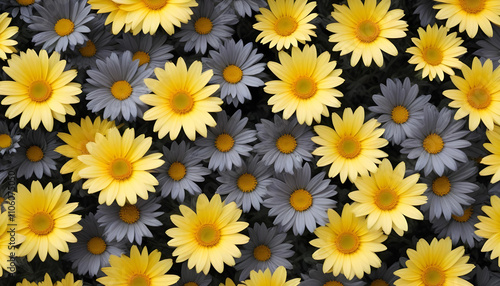 A close-up view of vibrant yellow and gray daisy-like flowers arranged in a dense, overlapping pattern filling the frame photo