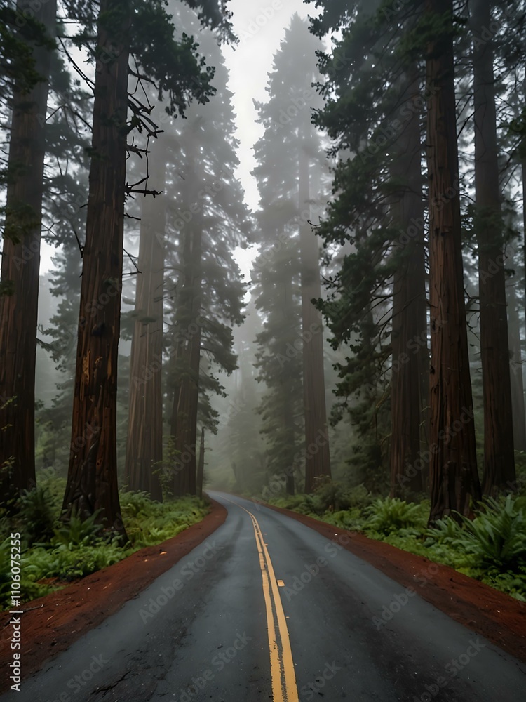Obraz premium Foggy, straight road through redwood forest.