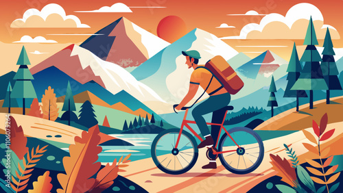 Exploring vibrant mountain landscapes while cycling through serene trails at sunset