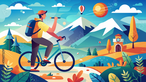 Exploring vibrant landscapes on a bicycle in a colorful mountain setting