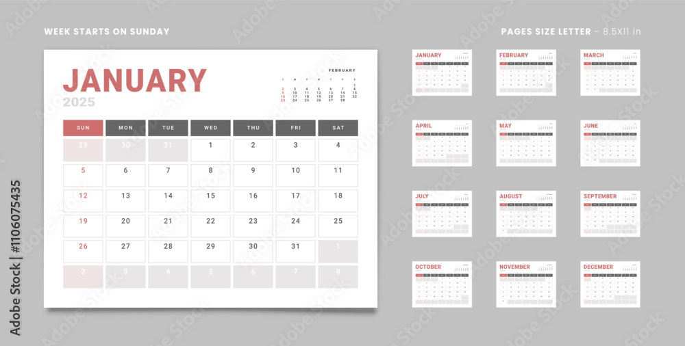 Set of 12 Pages Monthly Calendar Planner Templates on 2025 year. Vector mockup of a wall or desktop calendar with the week start on Sunday for print in grey and red color. Pages size Letter -8.5x11 in Set of 12 Pages Monthly Calendar Planner Templates on 2025 year. Vector mockup of a wall or desktop calendar with the week start on Sunday for print in grey and red color. Pages size Letter -8.5x11 in