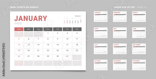 Set of 12 Pages Monthly Calendar Planner Templates on 2025 year. Vector mockup of a wall or desktop calendar with the week start on Sunday for print in grey and red color. Pages size Letter -8.5x11 in