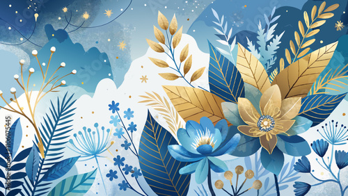 Winter landscape in watercolor style featuring blue and gold botanical elements amidst a serene background