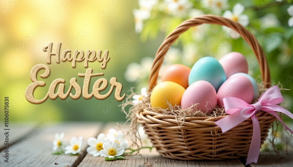 Woven basket with pastel Easter eggs and Woven basket with pastel Easter eggs and