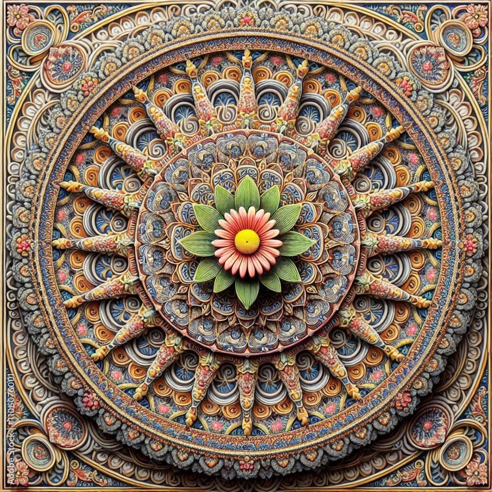 Fototapeta premium A digital mandala with a central pink flower surrounded by ornate, layered patterns.