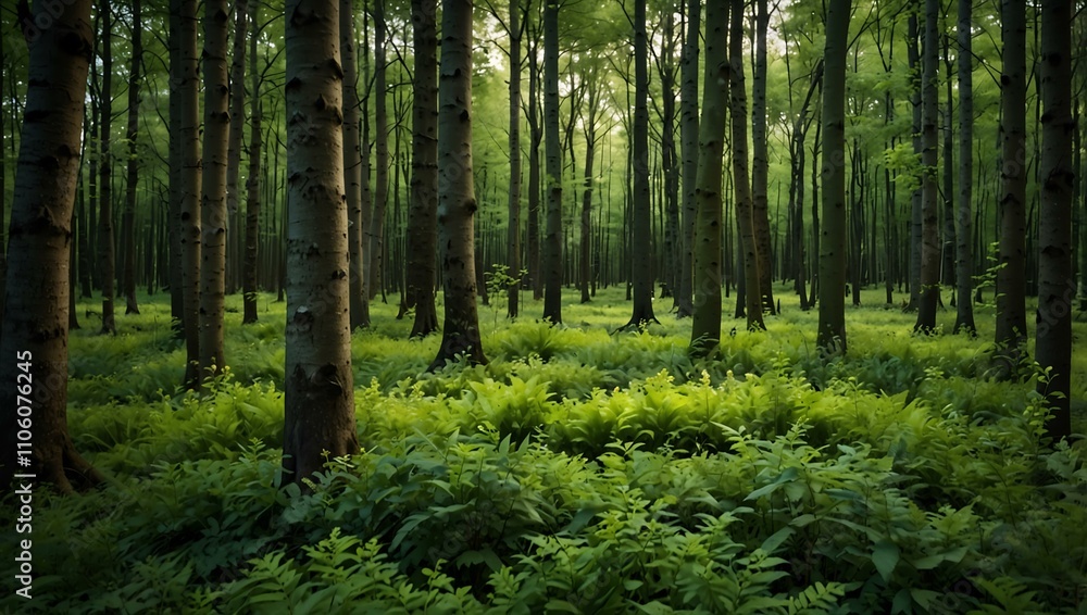 Obraz premium Forest in spring, lush greenery and fresh growth.