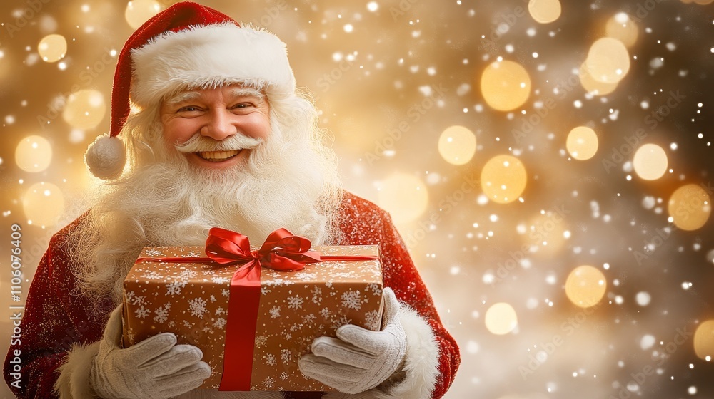 Cheerful Santa Claus holding a gift against a festive, bokeh background. Cheerful Santa Claus holding a gift against a festive, bokeh background.