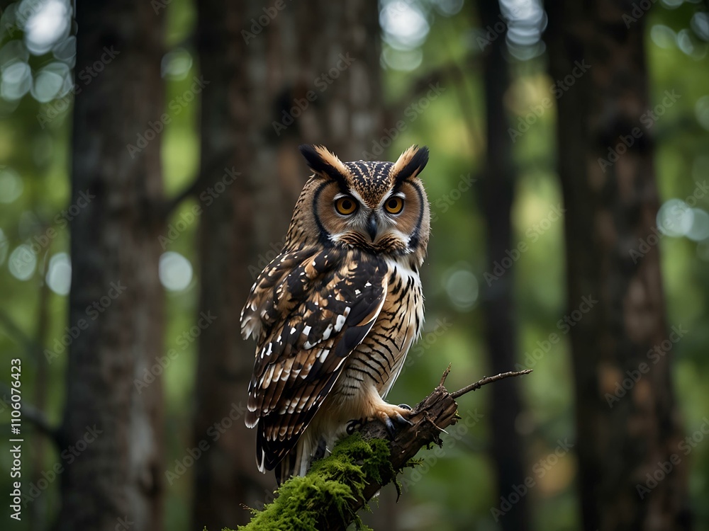 Obraz premium Forest owl perched among trees.
