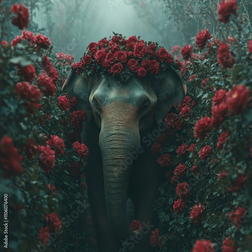 Here's a possible  and keyword list for your image.. Majestic elephant adorned with red roses amidst lush foliage. photo