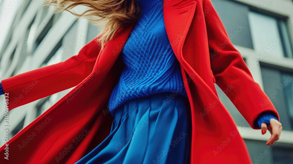 Fototapeta premium Twirl in a vibrant red coat and blue sweater captured in mid-motion
