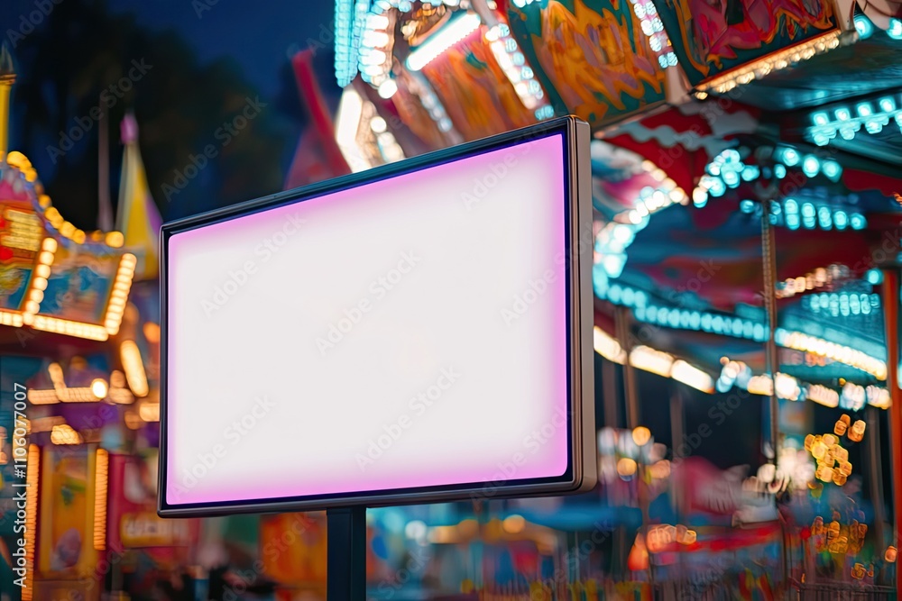 Obraz premium Empty billboard at a carnival fairground surrounded by colorful rides and festive lights.