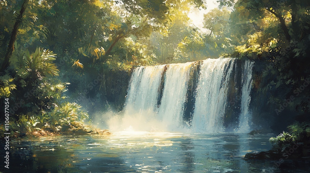 Sunlit waterfall cascades into a tranquil jungle pool. (1) Sunlit waterfall cascades into a tranquil jungle pool. (1)