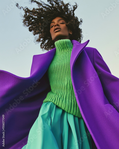 Female mid-section in vibrant purple coat and green sweater captured mid-twirl photo