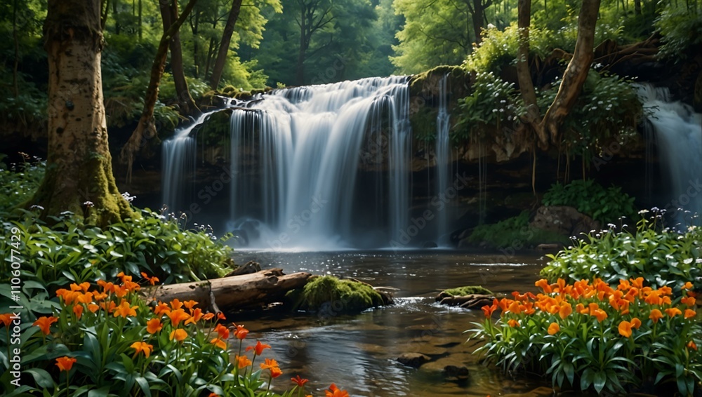 Fototapeta premium Forest waterfall with large trees and flowers.