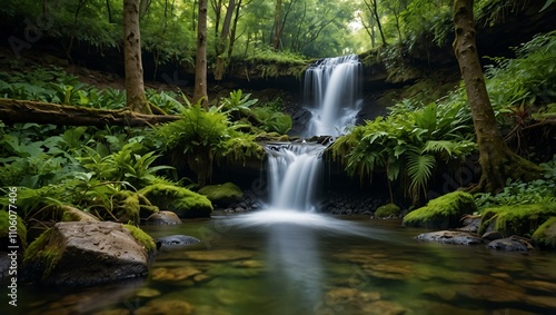 Forest waterfall with lush surroundings.