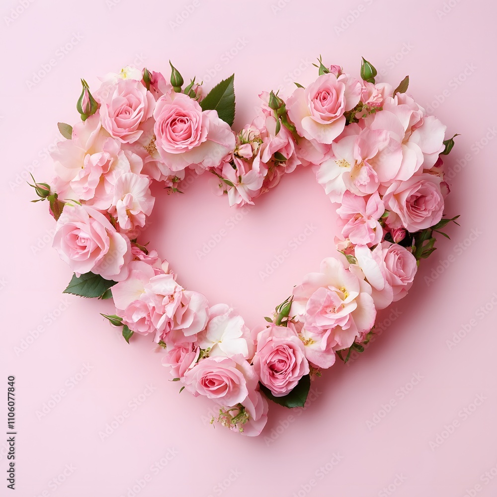 Bouquet of roses with heart on pastel pink background. Minimal trendy composition. Bouquet of roses with heart on pastel pink background. Minimal trendy composition.