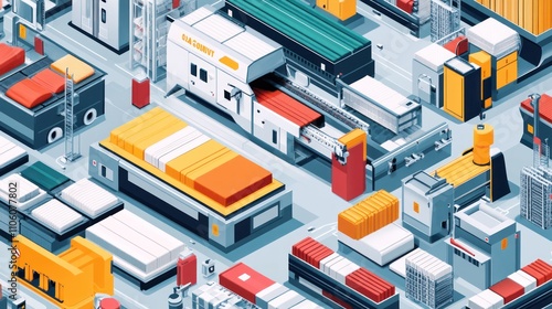 Isometric illustration of a modern factory with various machinery, equipment, and conveyors.