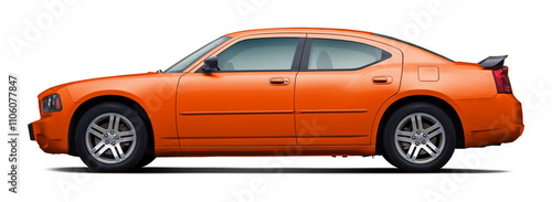 Side view of a powerful orange American sedan, in PNG format on a clear background. photo