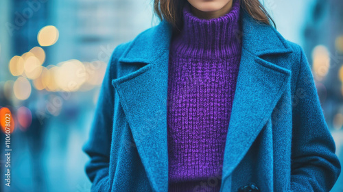 Fashionable street style portrait of a woman in cozy blue coat and purple sweater photo