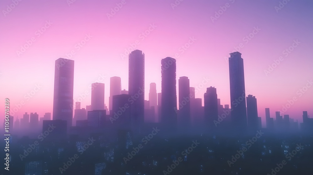 Fototapeta premium City Skyline Silhouette at Dusk Pink Sky