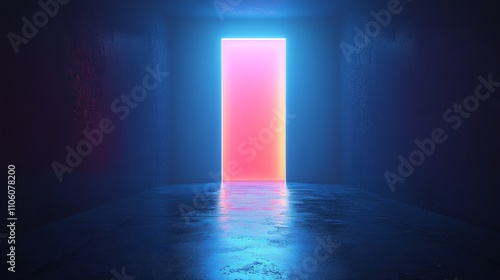 A neon pink door is lit up in a dark room