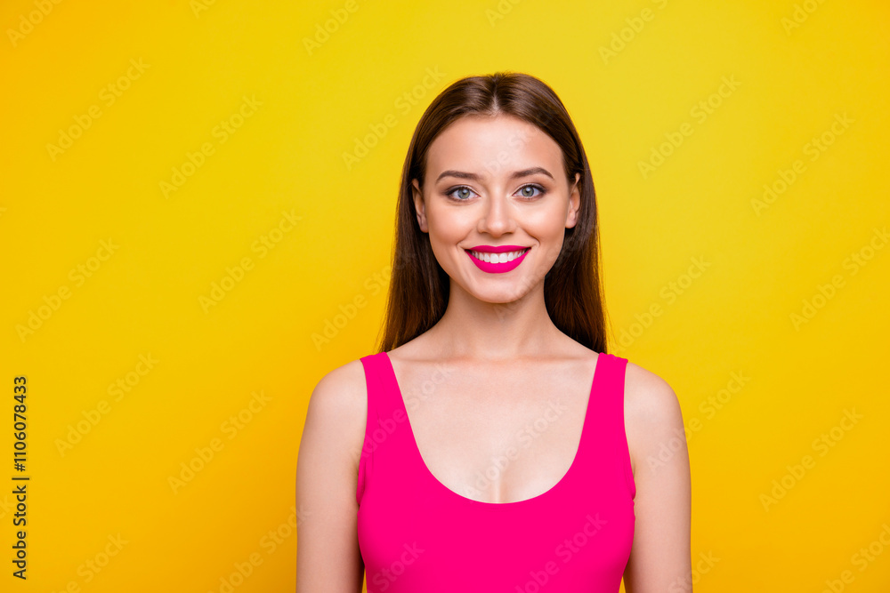 It's good to see you, summer Close up portrait of lovely young woman looks at camera isolated on bright yellow background It's good to see you, summer Close up portrait of lovely young woman looks at camera isolated on bright yellow background