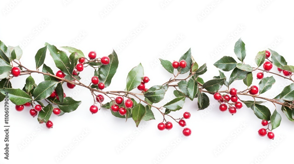 Fototapeta premium A beautiful garland isolated on a white background, featuring vibrant red berries and green leaves