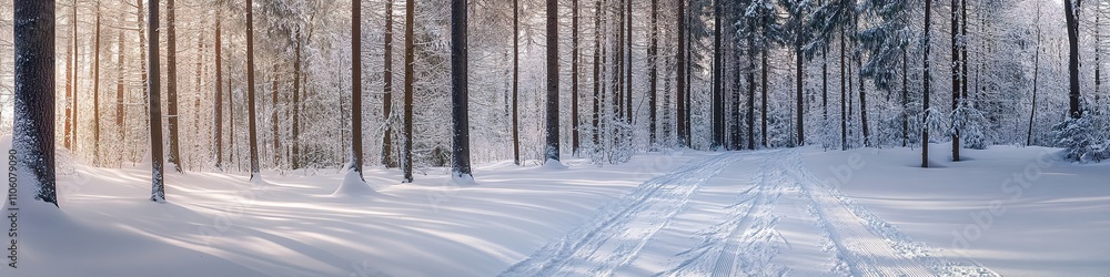 Sunlit snowy forest with long shadows and ski tracks Sunlit snowy forest with long shadows and ski tracks