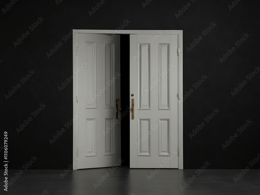 Four white doors displayed on a black background, minimalist aesthetics. Four white doors displayed on a black background, minimalist aesthetics.