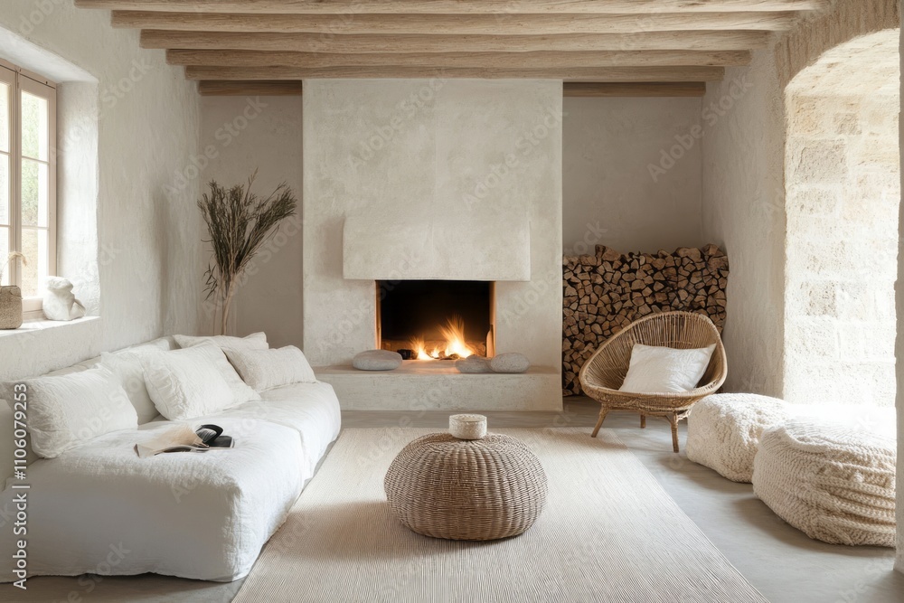 Fototapeta premium Minimalist Living Room With Fireplace And Neutral Decor