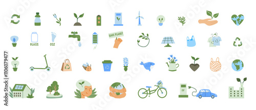 Eco-friendly icons set: sustainability, recycling, renewable energy and conservation. Flat design, green eco palette.