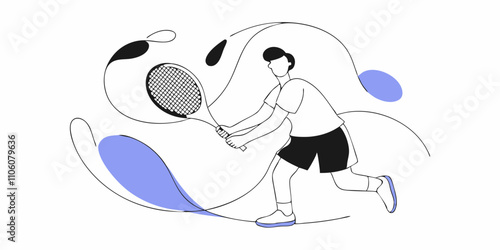 A tennis player is captured in mid-action, poised to swing a racket. The design features abstract shapes and flowing lines in black and blue, adding a dynamic sense of movement.AI generated.