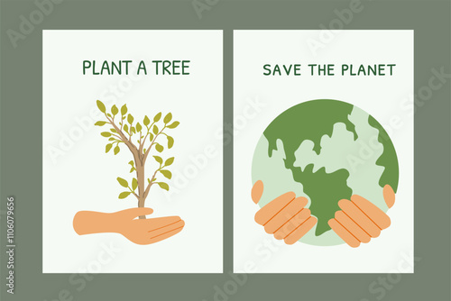 Environmental conservation: plant a tree and save the planet message. Set of eco posters - flat design.